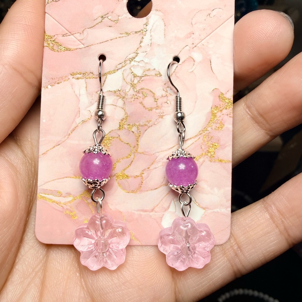 Purple Quartz & Glass Flower Drop Earrings | Handmade - Picture 2 of 4